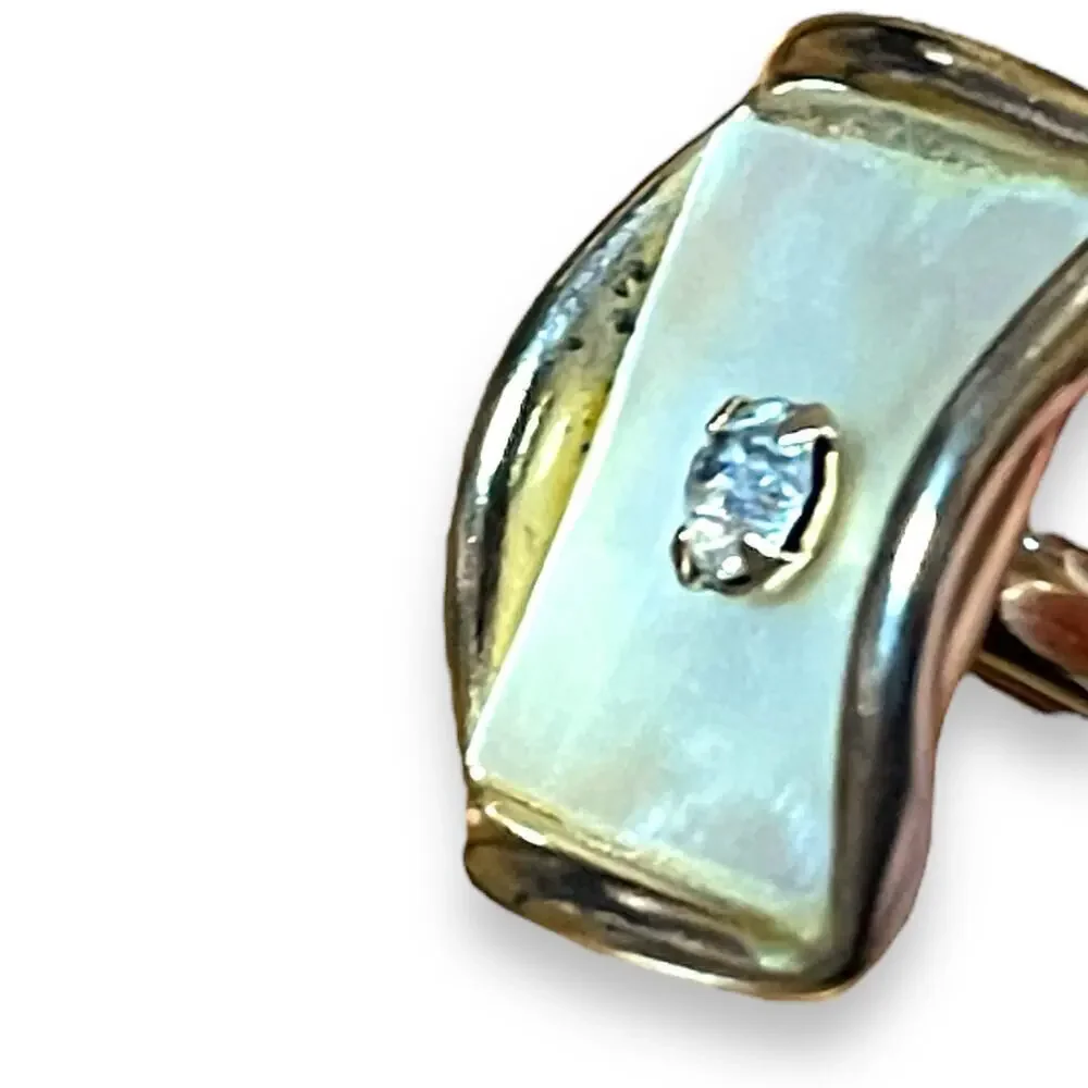 Vintage Cufflinks and Tie Bar Gold Tone Mother of Pearl Rhinestone Wave Edge